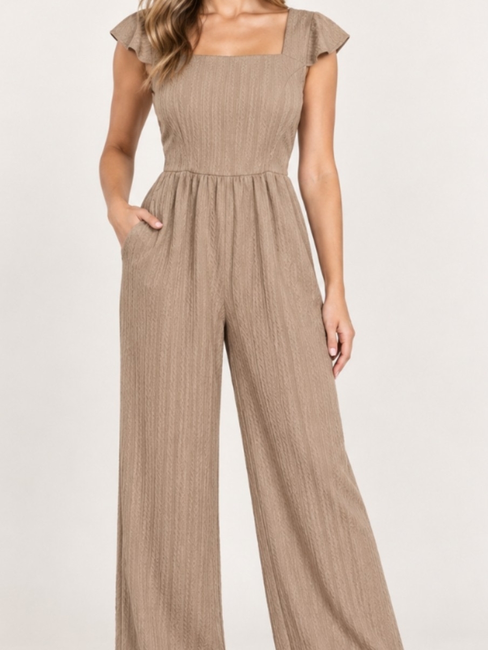 Gilli Taupe Square-Neck Wide-Leg Jumpsuit with Flutter Sleeves